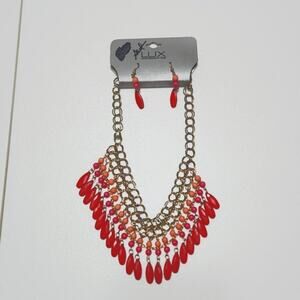 Lux‎ Accessories Earrings & Necklace Set Gold Red Pink & Orange Beads Adjustable